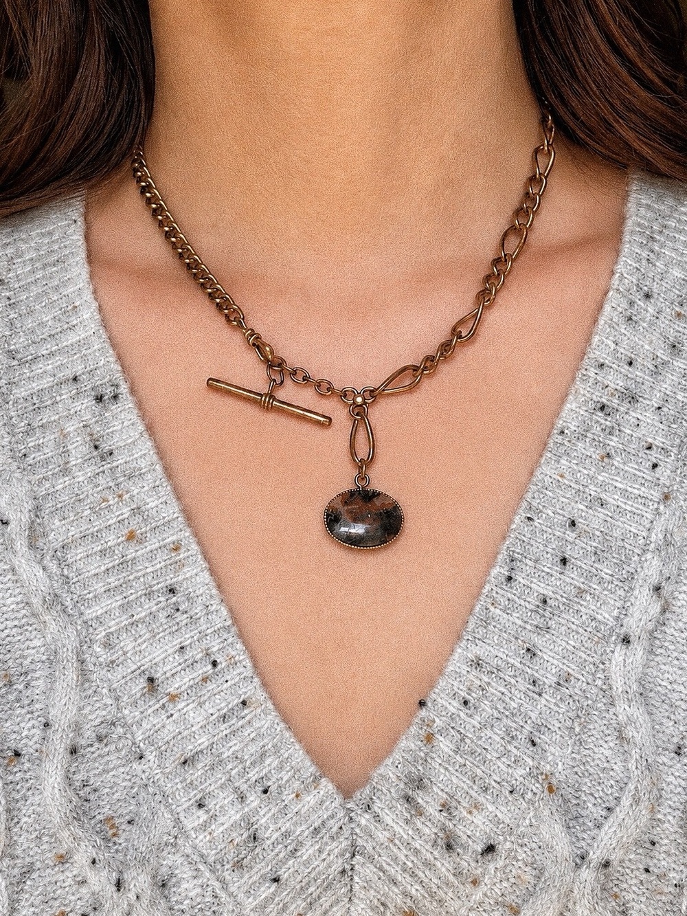 Antique moss agate stone pendant pocket watch chain necklace with T-bar OOAK